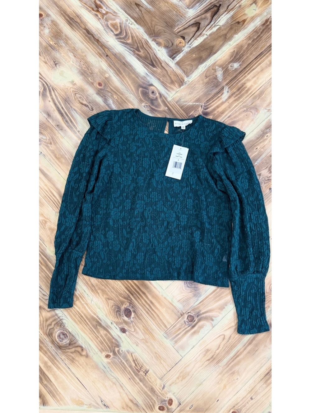Teal floral textured long sleeve top 0605
